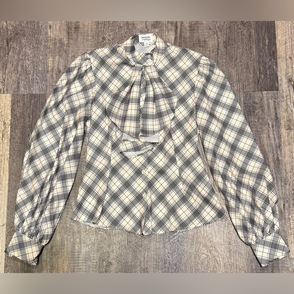 Vintage Plaid Tie-Neck Blouse in Cream and Black